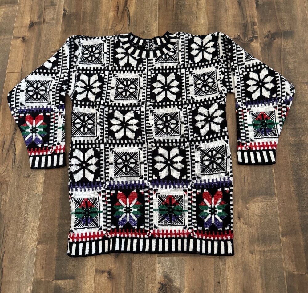 Vintage TEASERS Long Sweater Black White Christmas Holiday *See Measurements*